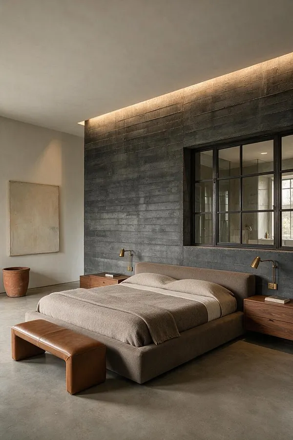 A minimalist master bedroom with a low upholstered bed, a leather bench at the foot, and wooden nightstands with brass lamps. The room features a dramatic dark concrete accent wall with a black-framed window and soft neutral bedding under warm indirect lighting.