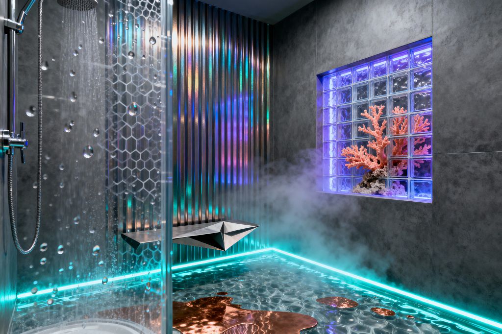 A cyberpunk-inspired bathroom with dark concrete walls, a glass shower featuring a hex-patterned panel and chrome rain head, and an iridescent corrugated metal feature wall. A faceted metal bench is cantilevered above a glossy, water-like floor edged with cyan LED strips and dotted with polished copper puddle inlays. A glass-block niche glows violet-blue and displays pink coral while steam drifts across the room.