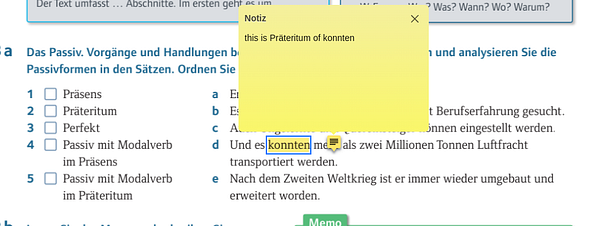 A German language learning task with highlighted text and a sticky note.