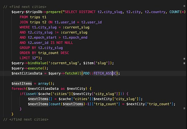 The image displays a code snippet for an SQL query and PHP script designed to find the next cities based on user trips.