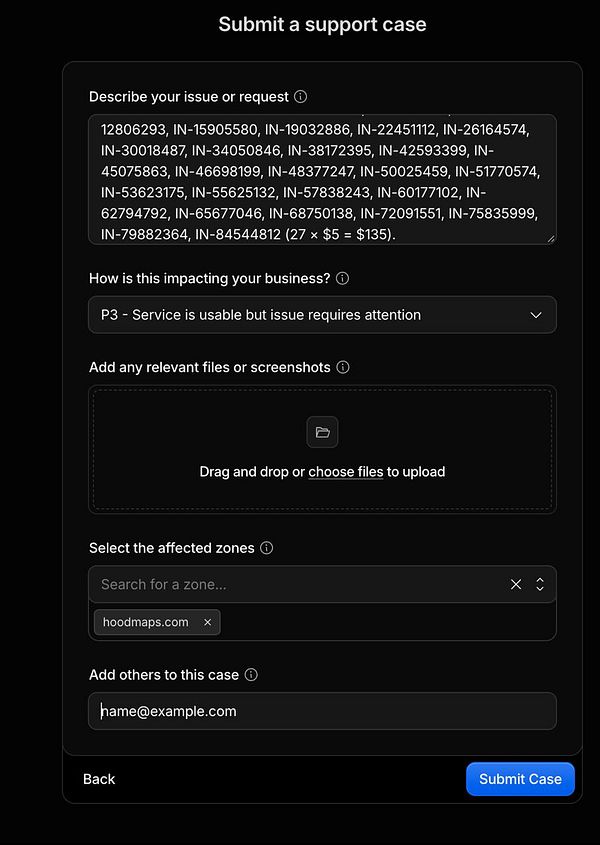 Cloudflare support case submission form filled with multiple invoice IDs and details for a refund request on hoodmaps.com.
