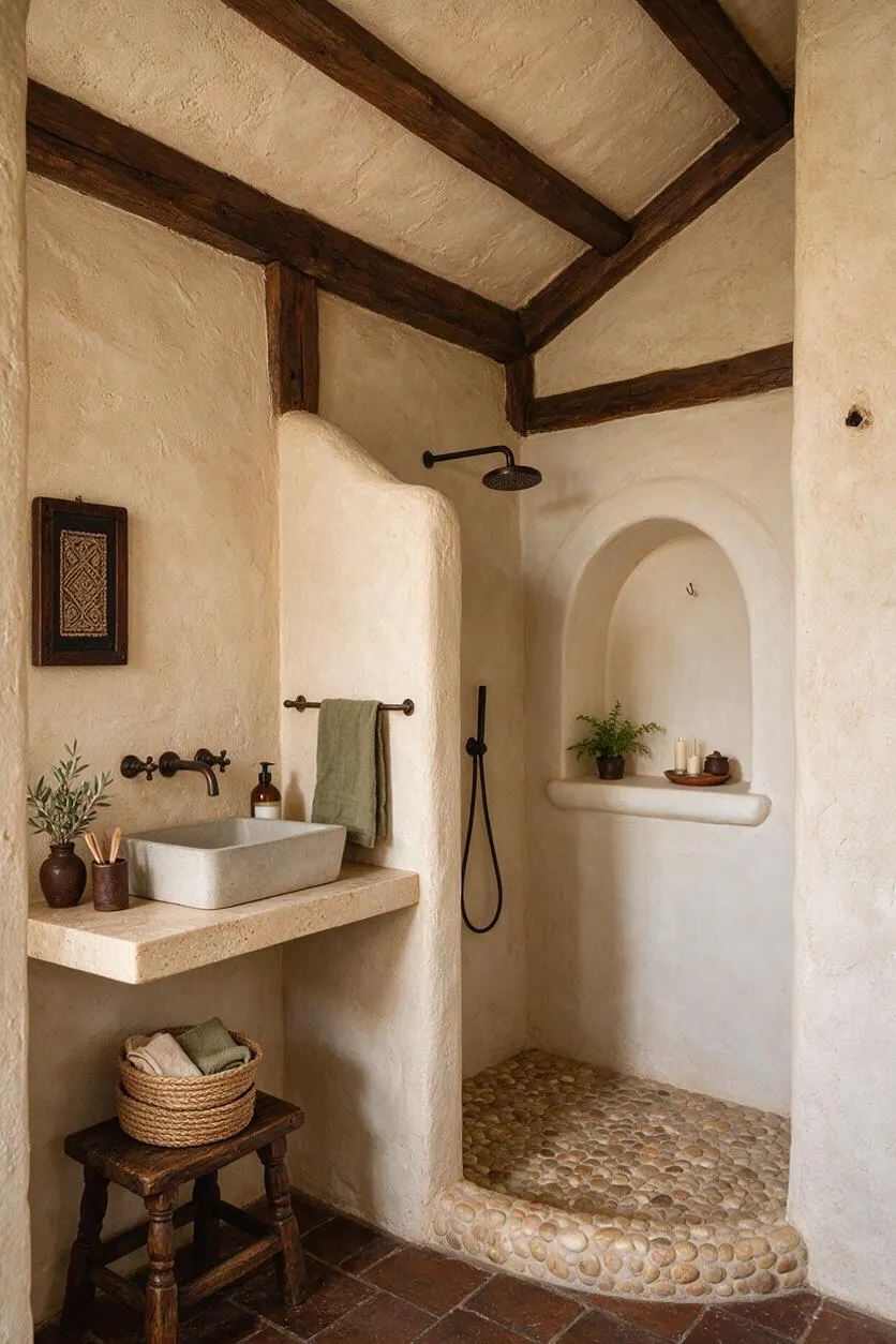 A Mediterranean-style bathroom with cream stucco walls, dark wood ceiling beams, a stone vessel sink on a thick floating vanity, and a pebble-tiled walk-in shower. An arched shower niche, bronze fixtures, woven basket storage, and earthy accessories add rustic warmth.