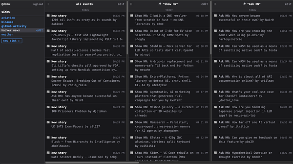 Screenshot of the Telesink web application in active usage monitoring multiple data streams including live aircraft, Binance transactions, GitHub activity, Hacker News posts, and weather updates.