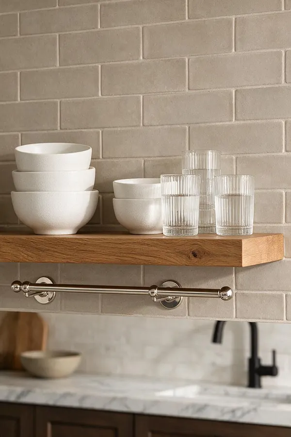 A transitional kitchen vignette with a floating wood shelf against a light beige brick-style tile backsplash. Stacked matte white bowls and ribbed clear drinking glasses sit on the shelf above a marble-look countertop, with a brushed metal rail and a matte black faucet below.