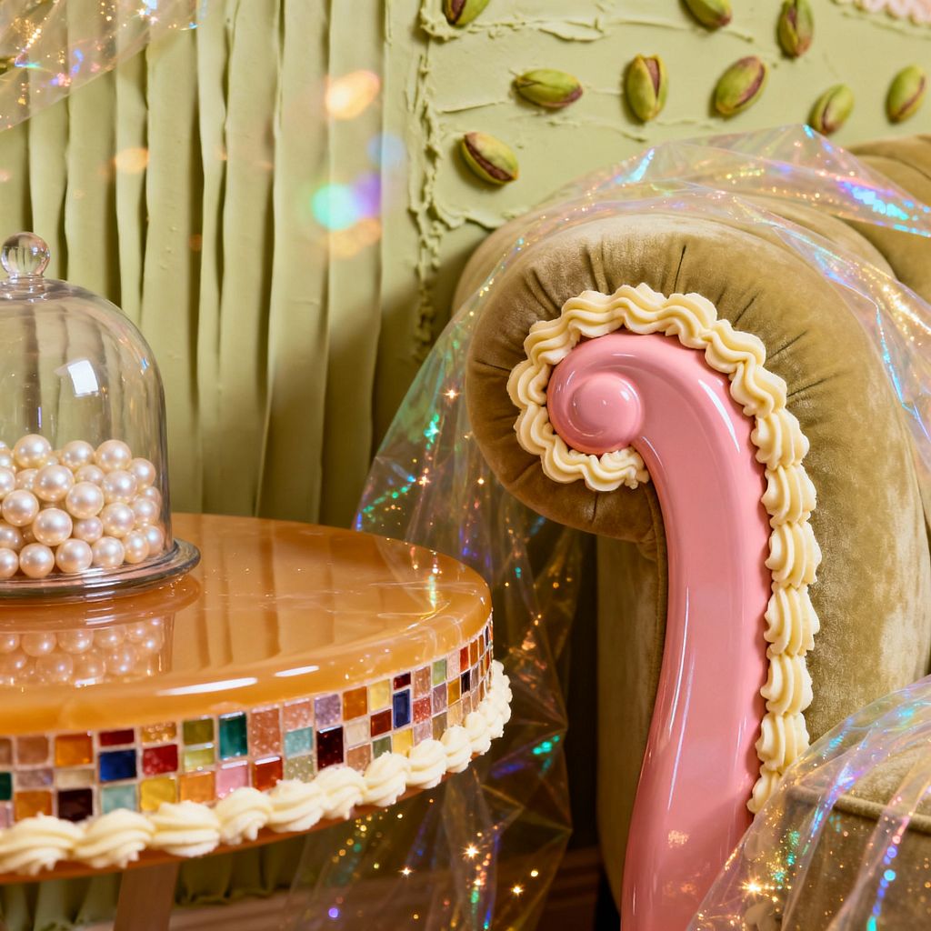 Close-up of a whimsical Candy Land–inspired living room vignette. An olive velvet sofa with a glossy pink scroll arm edged in cream-like trim sits beside a round caramel-toned side table wrapped in jewel-tone glass mosaic and piped edging. A glass cloche filled with oversized pearls rests on the table, while an iridescent sheer drapes over the sofa against a pleated, textured mint wall with raised oval accents.