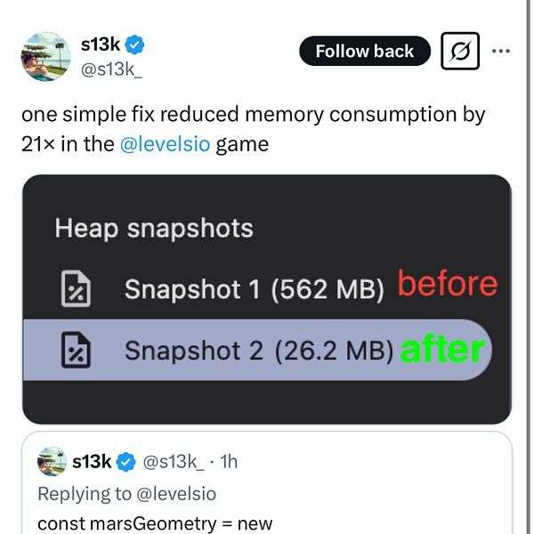 A tweet discussing a significant reduction in memory consumption for a game, showcasing heap snapshots before and after a fix.