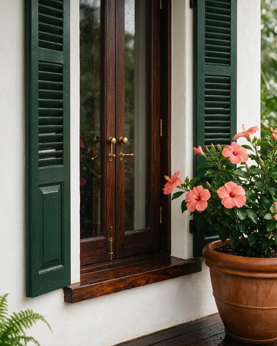 A tropical exterior detail showing a dark wood French window framed by white stucco walls and deep green louvered shutters. A terracotta planter filled with pink hibiscus flowers adds a lush, colorful accent beside the window.