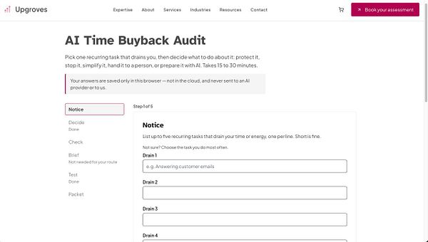 Web page for the AI Time Buyback Audit showing a form to list recurring tasks and a navigation menu with multiple steps.