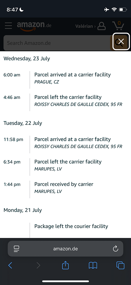 The image displays a tracking log for an Amazon package's journey across multiple countries.