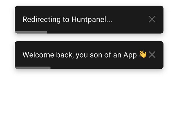 The image shows two notification pop-ups with messages about redirecting and a welcome back message.