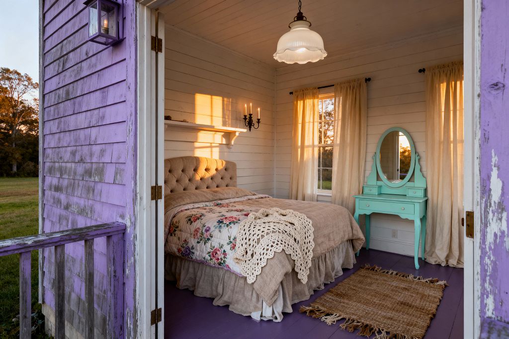 A small shabby chic bedroom with white shiplap walls and a lavender painted floor, featuring a tufted beige headboard and linen bedding layered with a floral quilt and an ivory crochet throw. A mint green vintage dressing table with an oval mirror sits by two tall windows draped in cream curtains, a woven jute rug lies near the bed, and a scalloped milk-glass pendant glows in warm sunset light.