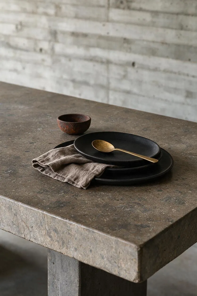A Brutalist-style tabletop vignette shows a heavy concrete or stone table with a thick edge and pedestal base. On the tabletop are stacked matte black plates, a brass spoon, a folded taupe linen napkin, and a small rustic bowl, set against a raw concrete wall.