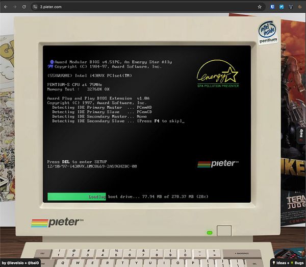 A vintage computer booting up with a BIOS screen displayed.