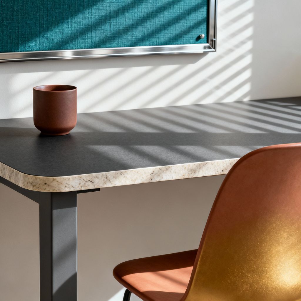Close-up of a contemporary home office desk with a matte charcoal surface and rounded, cream-speckled stone edge, supported by a dark steel leg. A terracotta ceramic cup sits on the corner, with a molded chair in a burnt orange to golden ochre finish in the foreground. On the wall, a teal woven fabric pinboard with an aluminum frame catches light. Sunlight through window blinds casts diagonal stripes across the wall and worktop.