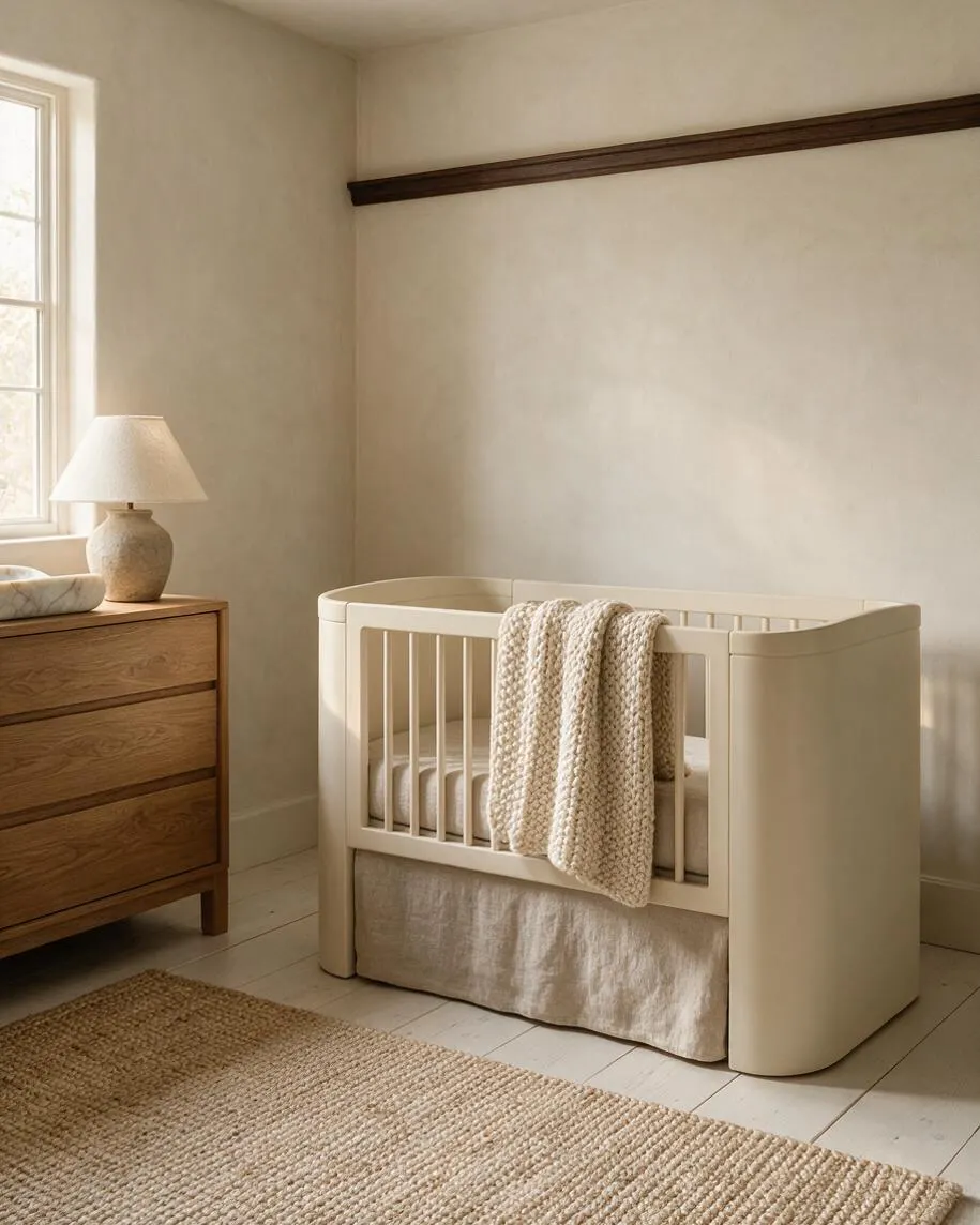 A calm nursery with a cream crib draped with a chunky knit blanket, a warm wood dresser with a stone-textured lamp, and a woven jute rug on pale painted floors. Soft beige walls and simple trim create a quiet, organic modern atmosphere.