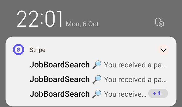 The image displays a mobile notification screen showing payment alerts from Stripe.