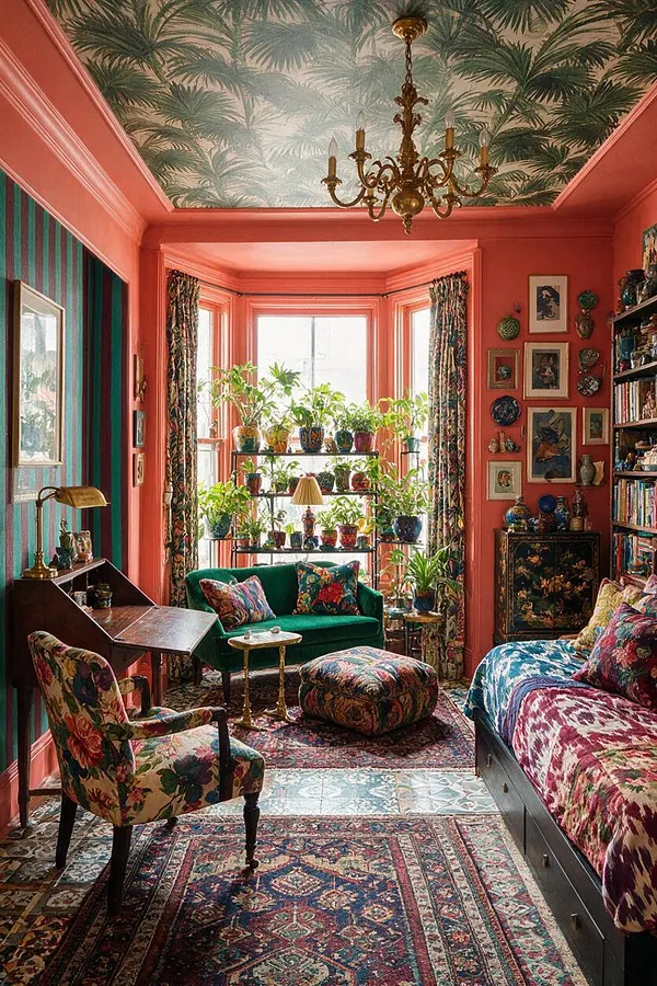 A colorful studio apartment living area filled with layered patterns and eclectic decor. Coral pink walls and a palm-print ceiling frame a brass chandelier, bay window plant shelves, floral upholstery, patterned rugs, and an emerald velvet loveseat.