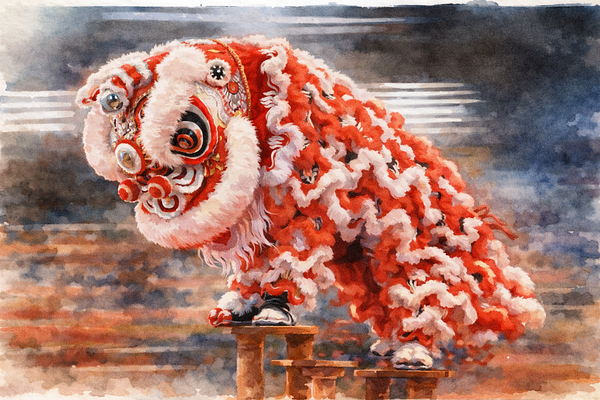 ChatGPT branded mugs decorated with Lunar New Year themed designs featuring oranges and red envelopes.