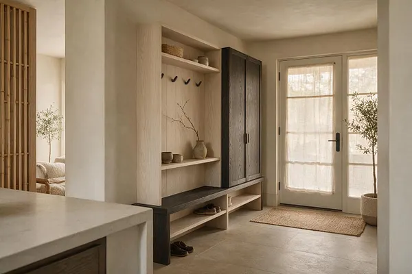 A serene Japandi mudroom with a light wood built-in bench and shelving, a dark wood cabinet, and black hooks above open cubbies. A woven rug sits by a glass-paneled door, and soft neutral finishes, stone-like flooring, and simple pottery create a calm, organized entry space.
