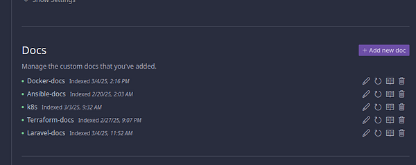 A user interface displaying a list of custom documentation entries.