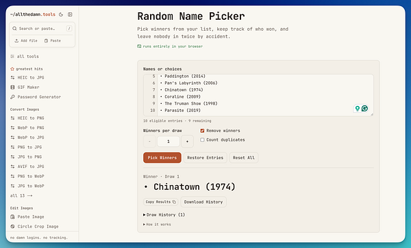 User interface of the Random Name Picker tool on the allthedamn.tools website displaying a list of movie titles and a selected winner.