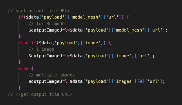 The image displays a code snippet for handling webhook callbacks to retrieve output file URLs.