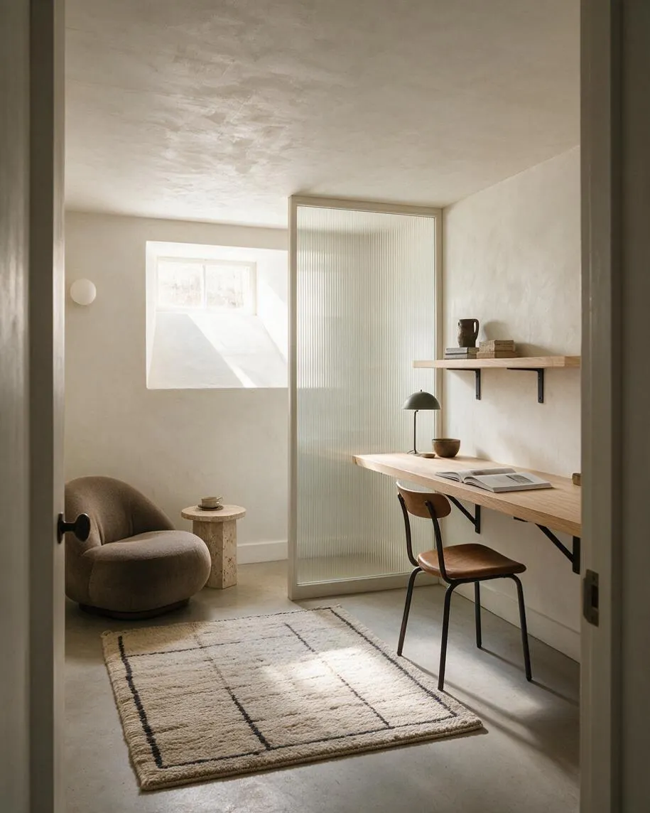 A compact modern basement workspace with soft neutral walls, a light wood wall desk, a molded chair, and a small rounded lounge chair. A frosted glass partition, textured rug, and warm accent lighting create a calm, minimalist atmosphere.