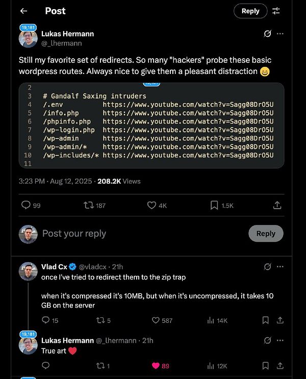 A Twitter post discussing redirects for intruders on WordPress sites, featuring a humorous exchange about zip bombs.
