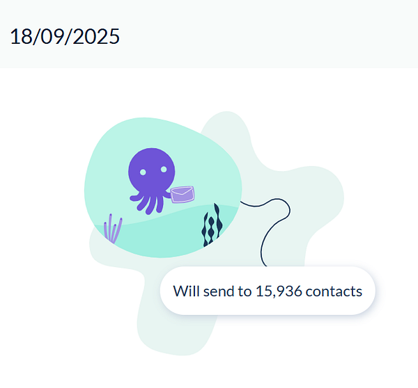 A whimsical illustration featuring an octopus preparing to send a newsletter to a large number of contacts.