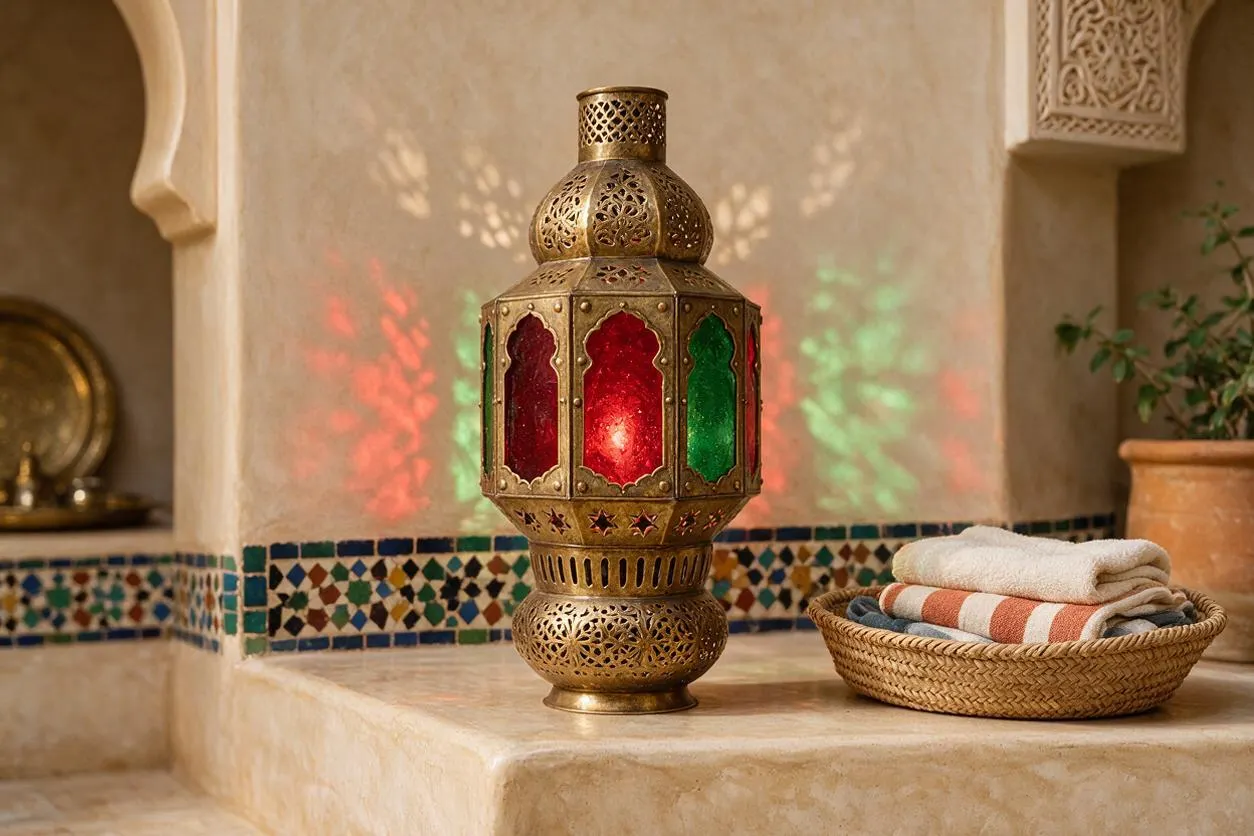 A decorative Moroccan-style brass lantern sits on a beige plaster ledge, casting red and green light patterns on the wall. Beside it is a woven basket holding folded towels, with a strip of colorful mosaic tile running along the back wall.