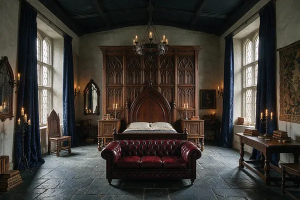 A dramatic Gothic-style guest bedroom with a tall carved oak bed centered against an ornate wooden panel backdrop. Deep blue drapes frame arched leaded windows, while a burgundy tufted leather settee, candlelit side tables, and stone flooring create a moody, historic atmosphere.