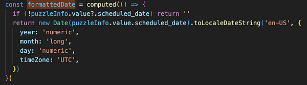 The image displays a code snippet for formatting a date in a game view.
