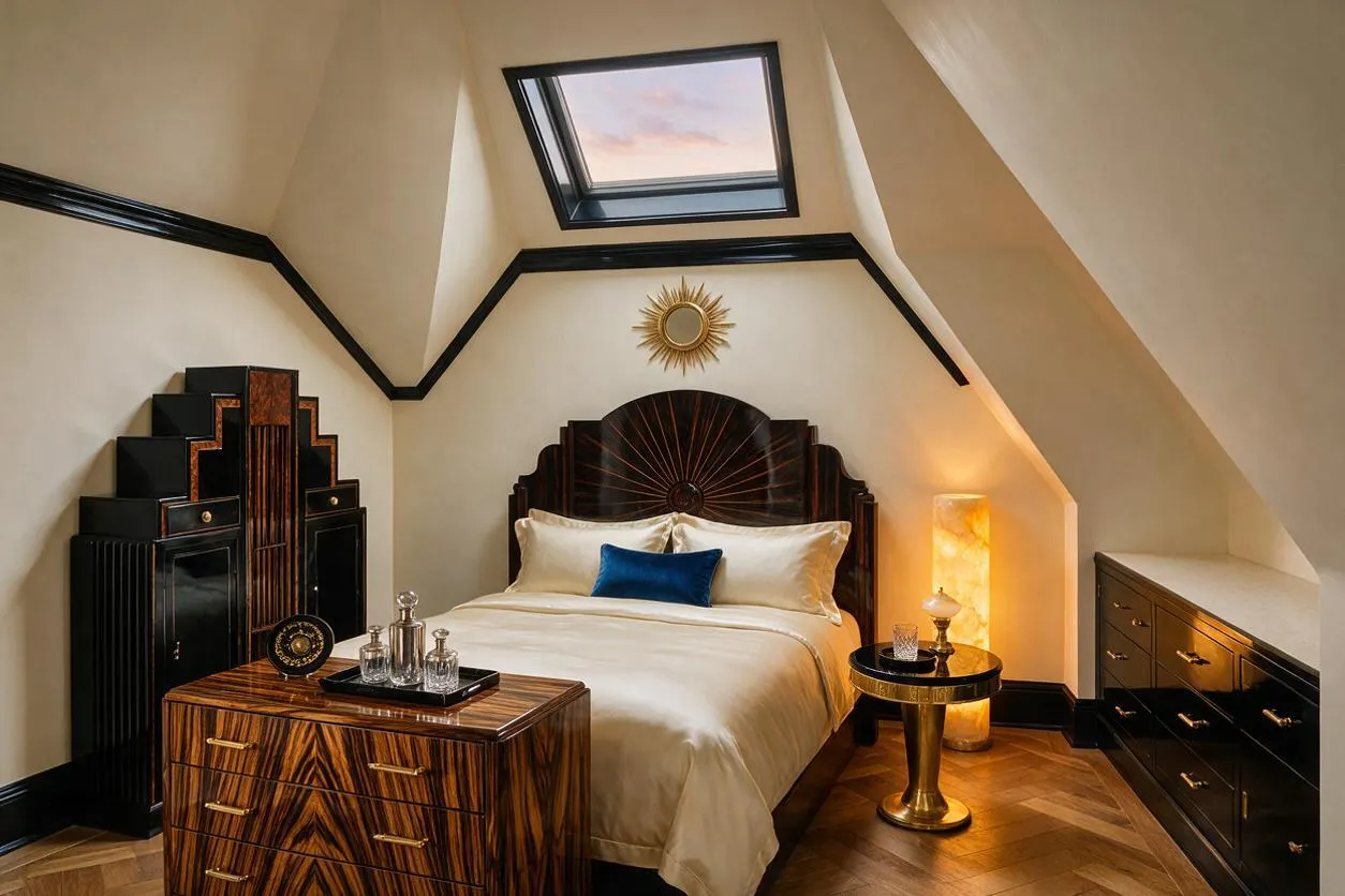 A compact guest bedroom with a dramatic Art Deco look, featuring a dark carved headboard, cream bedding, and black trim outlining angled walls and a skylight. Zebrawood-style furniture, gold accents, a glowing floor lamp, and a stepped cabinet create a luxurious, geometric atmosphere.