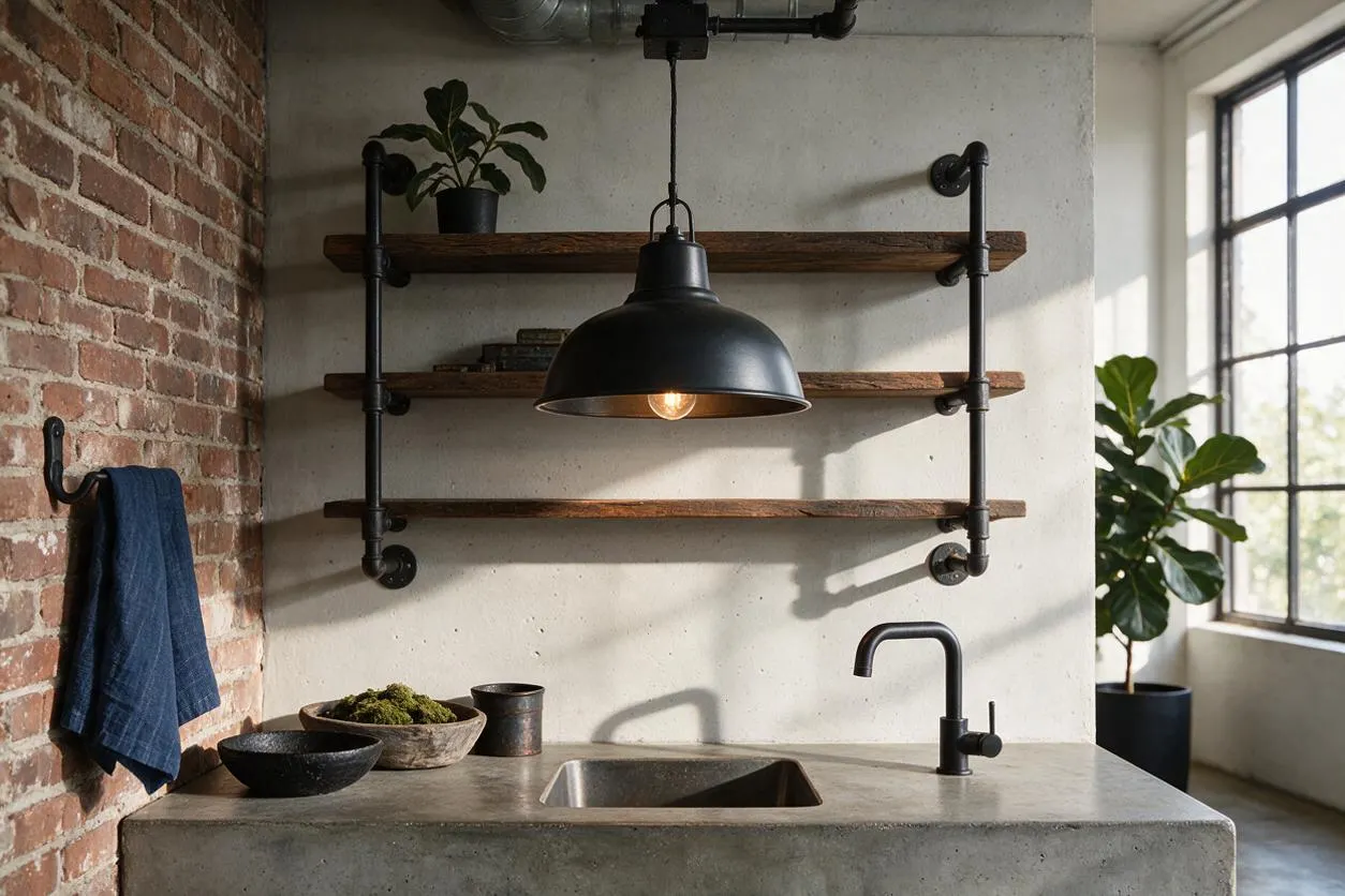 An industrial-style kitchen vignette with a concrete sink counter, matte black faucet, exposed brick wall, and wall-mounted wood shelves held by black pipe brackets. A black dome pendant hangs over the counter, with plants and small decor adding warmth beside a large gridded window.
