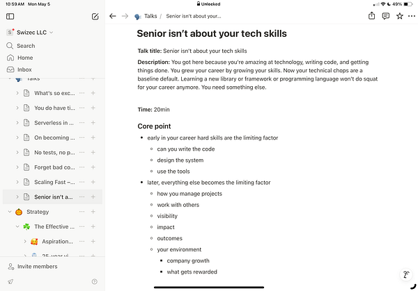The image displays a digital note outlining a talk titled 'Senior isn't about your tech skills.'