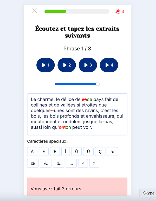 The image displays a dictation exercise interface for a French language learning task.