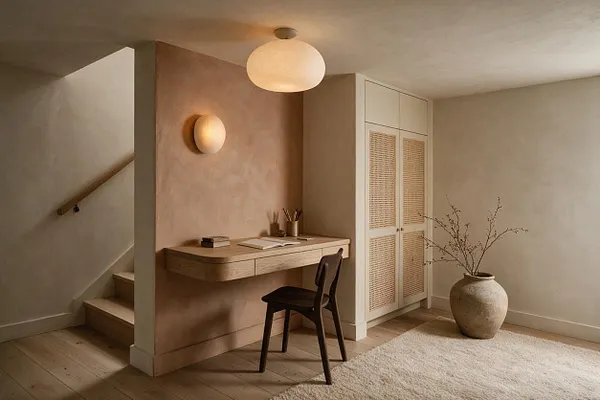A softly lit basement interior with organic modern styling, featuring a floating wooden desk built into a blush plaster alcove, a dark wood chair, and a woven cabinet with cane-style doors. Pale wood floors, a cream textured rug, and a large ceramic vase with branches add natural warmth under a round paper pendant light.