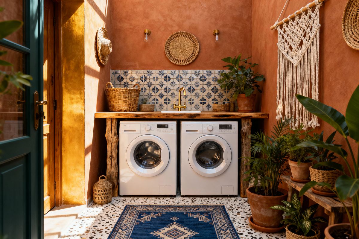 Room AI – Boho Laundry with Terracotta Walls and Blue Tile - Interior