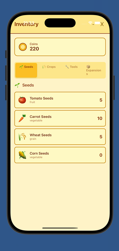 The image displays a mobile app interface for an inventory management system focused on seeds.