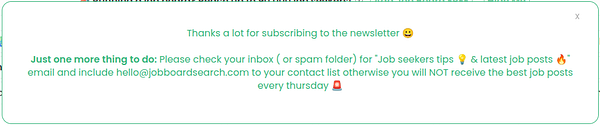 A notification message thanking users for subscribing to a newsletter and providing additional instructions.