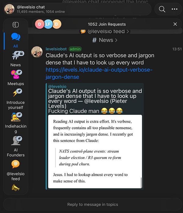 Screenshot of a Telegram chat with pinned message about Levelsio, showing a blog post about using OpenAI's Whisper API.