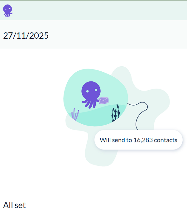 A colorful graphic illustrating a scheduled newsletter task with an octopus character.