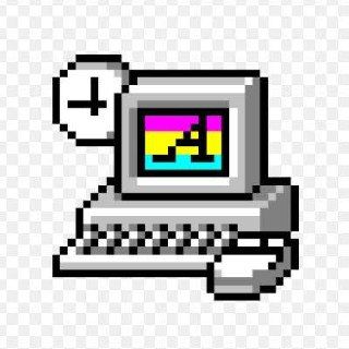 A pixel art representation of a retro computer with a colorful screen.