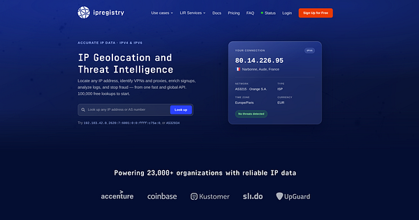 Screenshot of a web browser displaying the IP Registry website focused on IP address lookup and domain information with a black footer section.