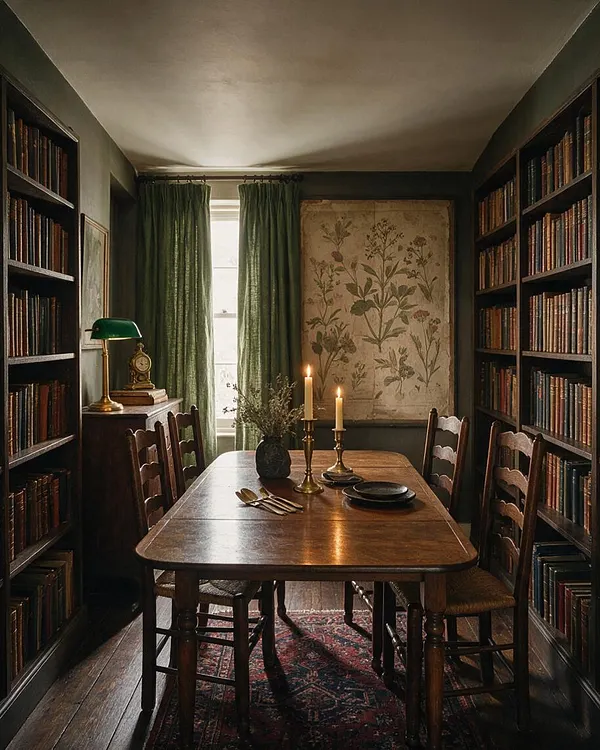 A narrow dining room styled like a private library, with tall built-in bookshelves filled with old books on both sides of a long wooden table. Green curtains frame a bright window at the back, while brass candlesticks, a green banker’s lamp, and a botanical wall print add a moody academic feel.