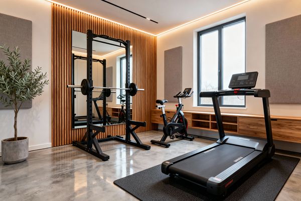 A modern home gym features a black treadmill on a rubber mat, a stationary bike, and a black squat rack set before a wall mirror framed by vertical oak slats. The room has polished concrete floors, white walls with gray acoustic panels, a long oak floating storage bench beneath a black-framed window, warm perimeter LED lighting, a linear recessed ceiling light, and a potted tree in a concrete planter.