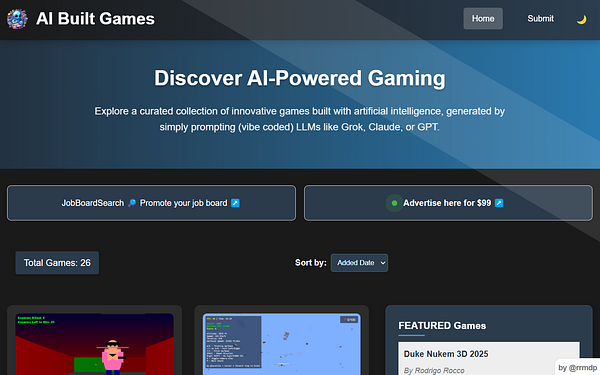 The image displays a dark mode interface for a website dedicated to AI-powered games.