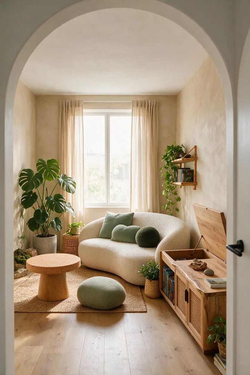 A cozy biophilic game room with a rounded cream sofa, natural wood storage bench, woven rug, and soft green cushions. Large potted plants, trailing vines, and a bright window with sheer curtains bring in natural light and a calming, earthy atmosphere.