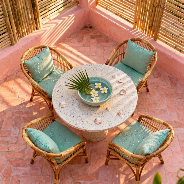 A compact tropical patio shows four curved rattan armchairs with seafoam green cushions arranged around a round speckled terrazzo pedestal table. A celadon ceramic bowl with floating white frangipani blossoms and a palm frond centers the table, with seashells nearby; the coral-pink herringbone terracotta floor, blush stucco walls, and bamboo screens are lit by warm sun that casts striped shadows, and water droplets are visible on the cushions.