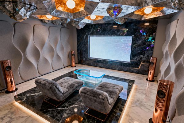 A futuristic media room features two low gray faux-fur lounge chairs on a black marble platform facing a large edge-lit screen set into a dark, reflective stone wall with iridescent flecks. Sculpted gray acoustic panels line the sides, copper cylinder speakers flank the seating, a glass table with a blue-lit acrylic base centers the space, and a faceted ceiling with mirrorlike panels, geode-style forms, and warm globe lights glows over a white marble floor.
